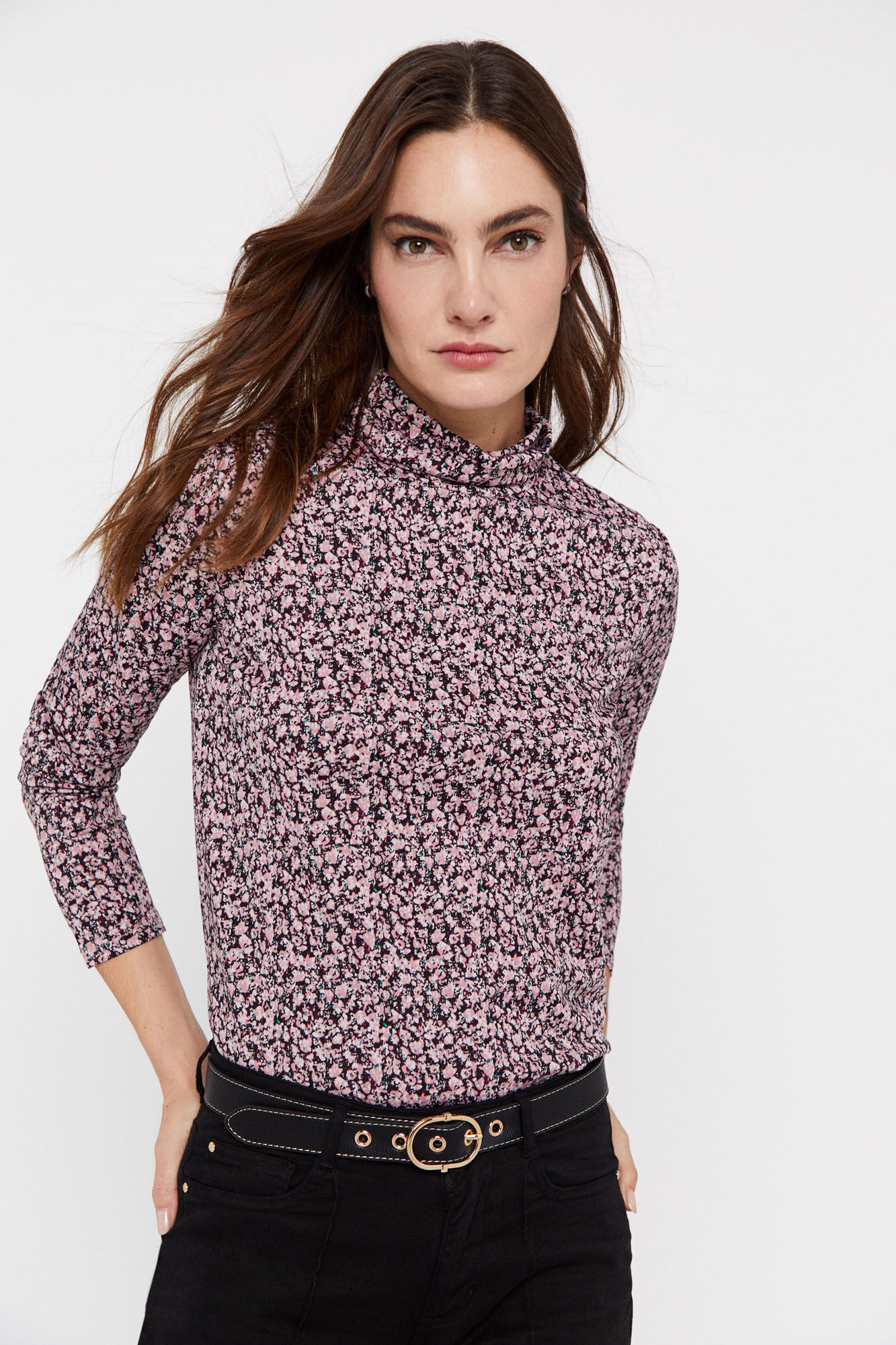Camiseta estampada com gola dobrável - Fúcsia