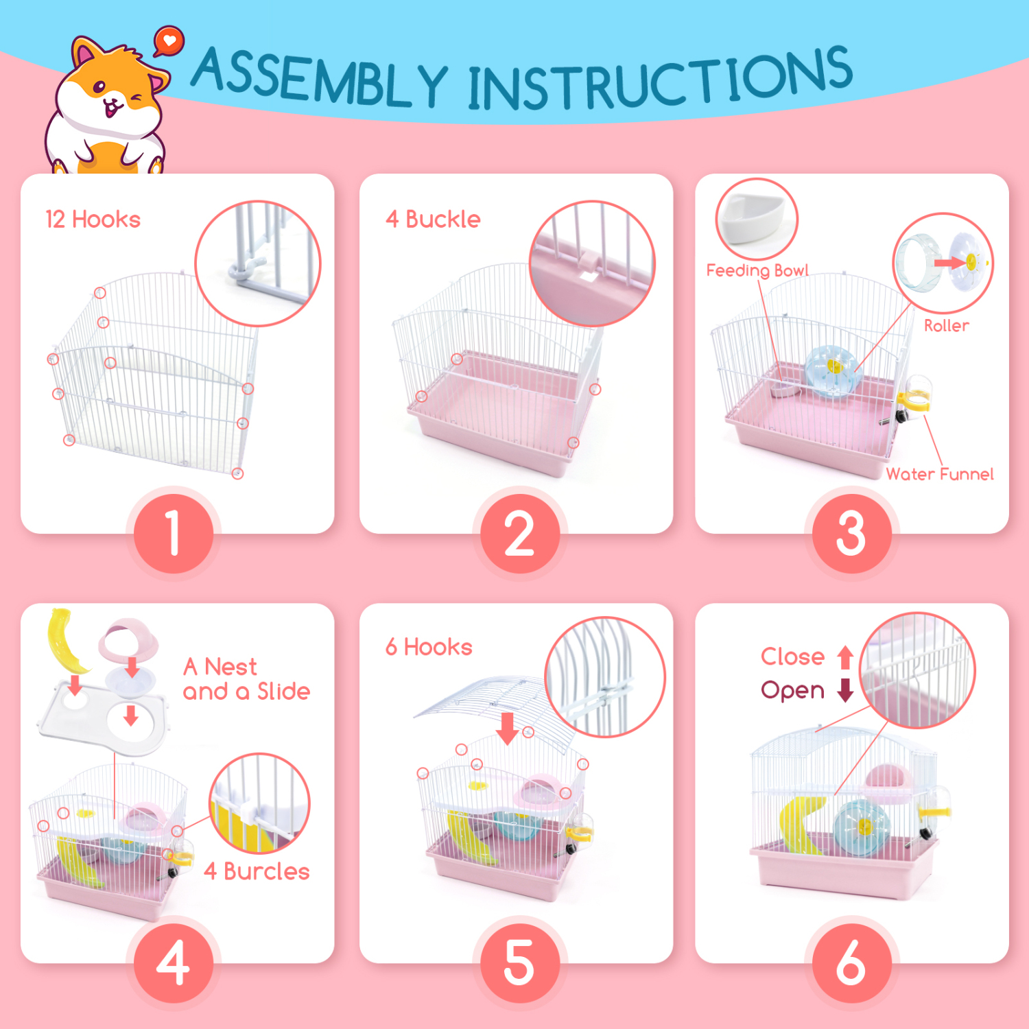 Nobleza - Gaiola para Hamster, Casinha para Pequenos Animais com 2 Andares, Roda, Bebedouro e Comedouro, C23*L17*A24CM (Rosa)