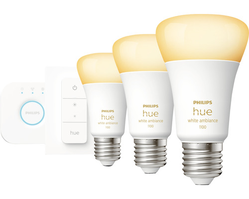 Philips Hue White Ambiance Starterset 3x A60 E27/8W (75W) 1100 lm 2200-6500 K incl. Bridge + Dimmer Switch - Compatibel met SMART HOME van Hornbach