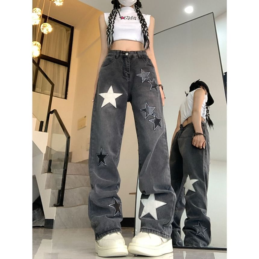 Wisjam - High Rise Star Patchwork Straight Leg Jeans