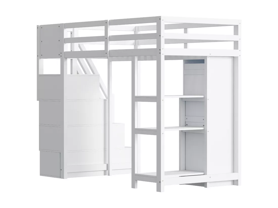 Lit mezzanine 90x200cm en bois massif - avec 4 tiroirs et escalier de rangement - Blanc (matelas non inclus)
