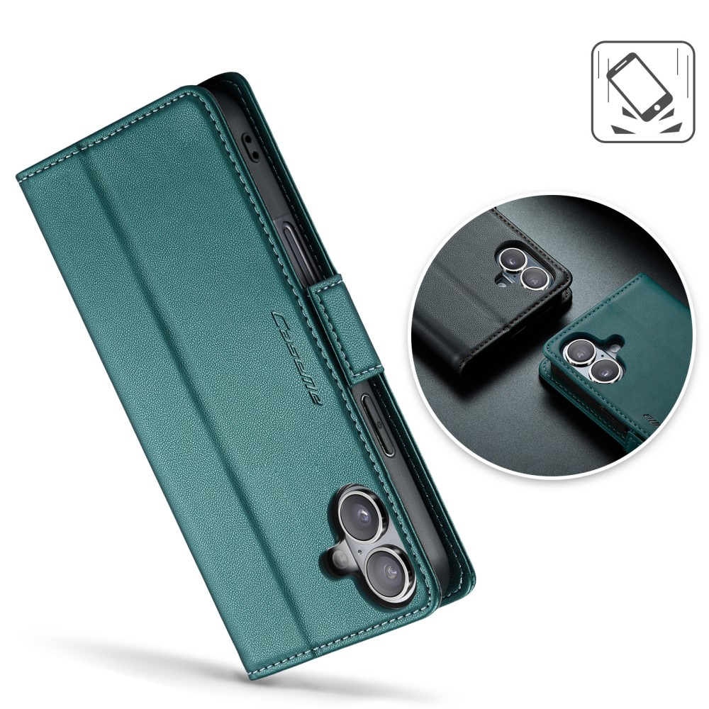 iPhone 16 Leder Tasche Flip Wallet Etui mit Kartenfächern Litchi Look (RFID Schutz) - Grün