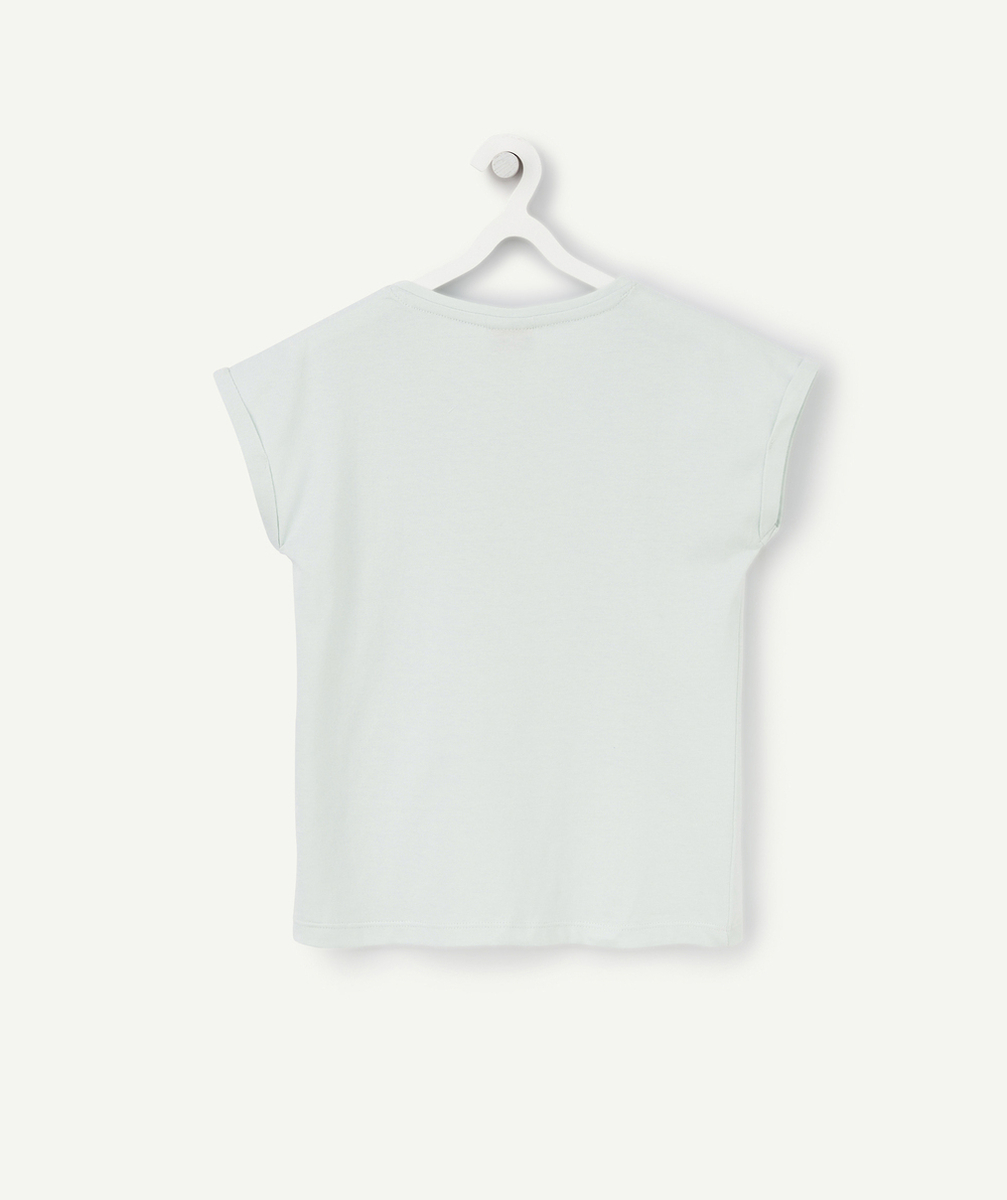 T-SHIRT FILLE EN COTON BIO VERT MENTHE AVEC MOTIF DAMIER ET FLEUR