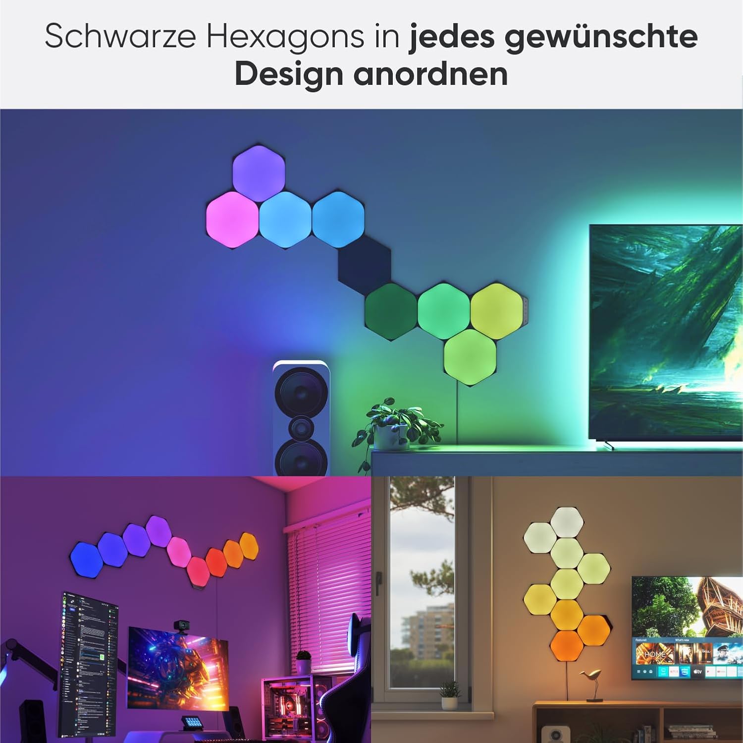 Nanoleaf Shapes Ultra Black Hexagon Starter Kit, 9 Smarten LED Panels RGBW - Modulare WLAN 16 Mio. Farben Wandleuchte Innen, Musik & Bildschirm Sync, Funktioniert mit