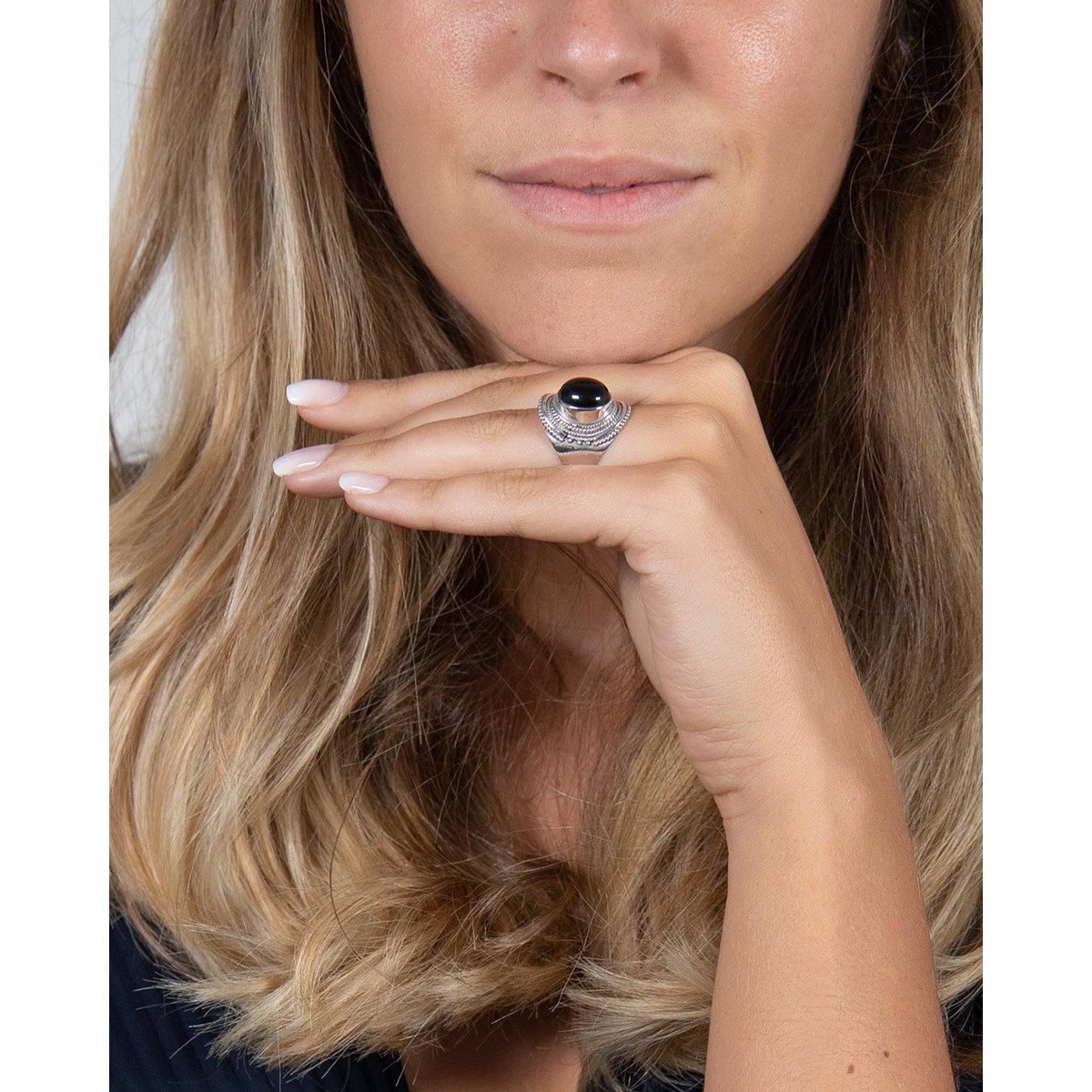 Bague obsidienne Ovale sur Grains d'Argent Massif 925 - Bijou Artisanal | Aden