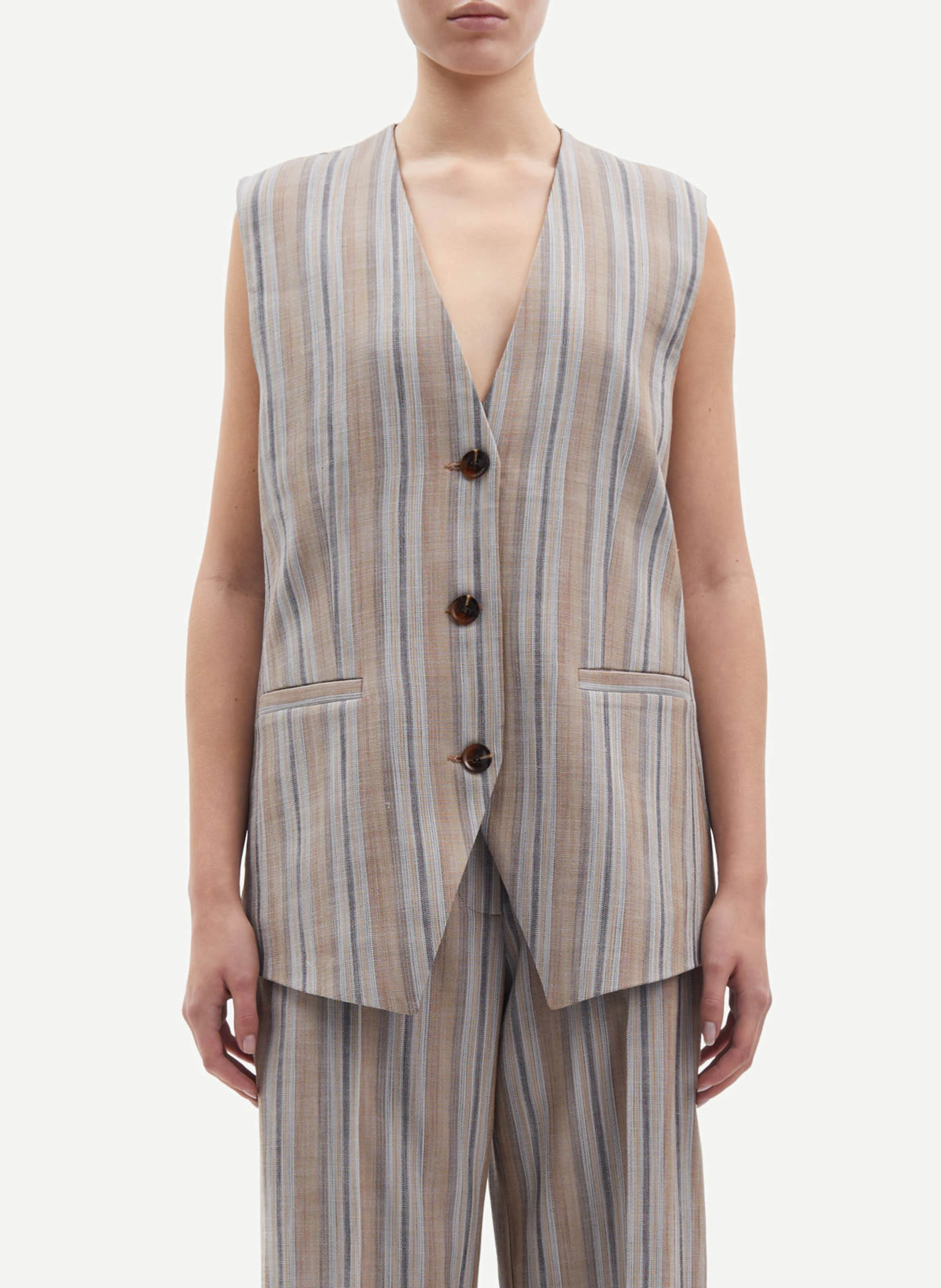SALENI - Gilet de costume sans manches rayé| Vert