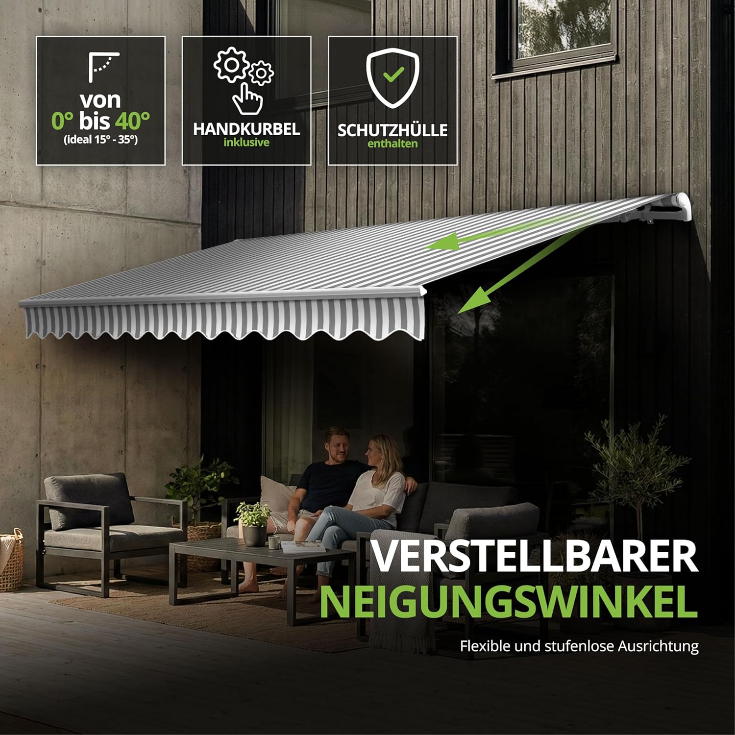 Eclipse Gelenkarmmarkise Economy 3x2,5m mit Handkurbel Markise Sonnenschutz Balkon Terrassenüberdachung Markisenstoff 280g/m² Polyester (PE) inklusive UV-Schutzfaktor 50+, Markisentuchfarbe: Grau