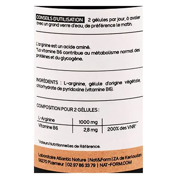L-Arginina natural e em forma de vitamina B6 para o metabolismo de proteínas e glicogênio, 60 cápsulas.