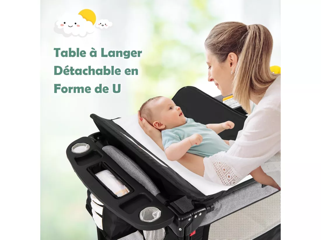 Lit Parapluie Bébé Pliant 5 en 1 avec Matelas,Berceau Parc Bébé avec Table à Langer,Boîte à Musique,Jouets Suspendus,4 Hauteurs d'Accoudoir Réglables,Sac de Transport,Gris