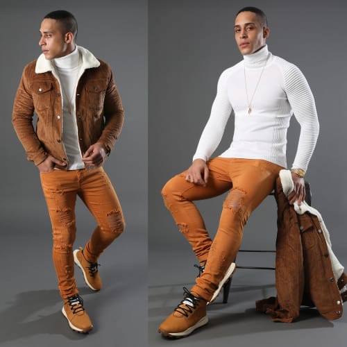 Veste Super Slim Fit Velours Col Mouton Camel