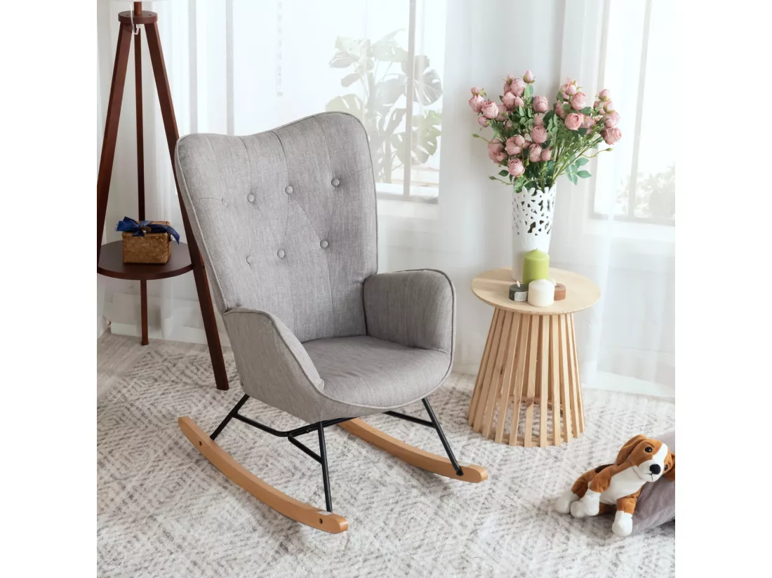 MEUBLES COSY Fauteuil à Bascule Allaitement Rocking Chair Scandinave Chaise Loisir Revêtement en Tissu avec Pieds en Bois Massif pour Salon, Chambre, Le balcon, Gris Clair