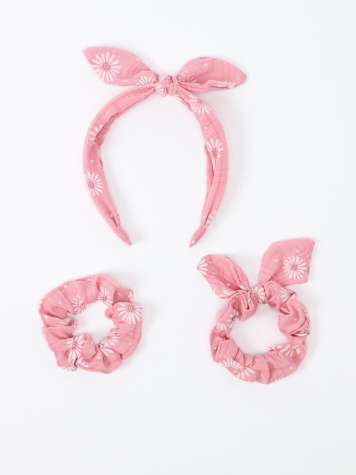 Conjunto de tiara de flores e 2 scrunchies - Vários modelos