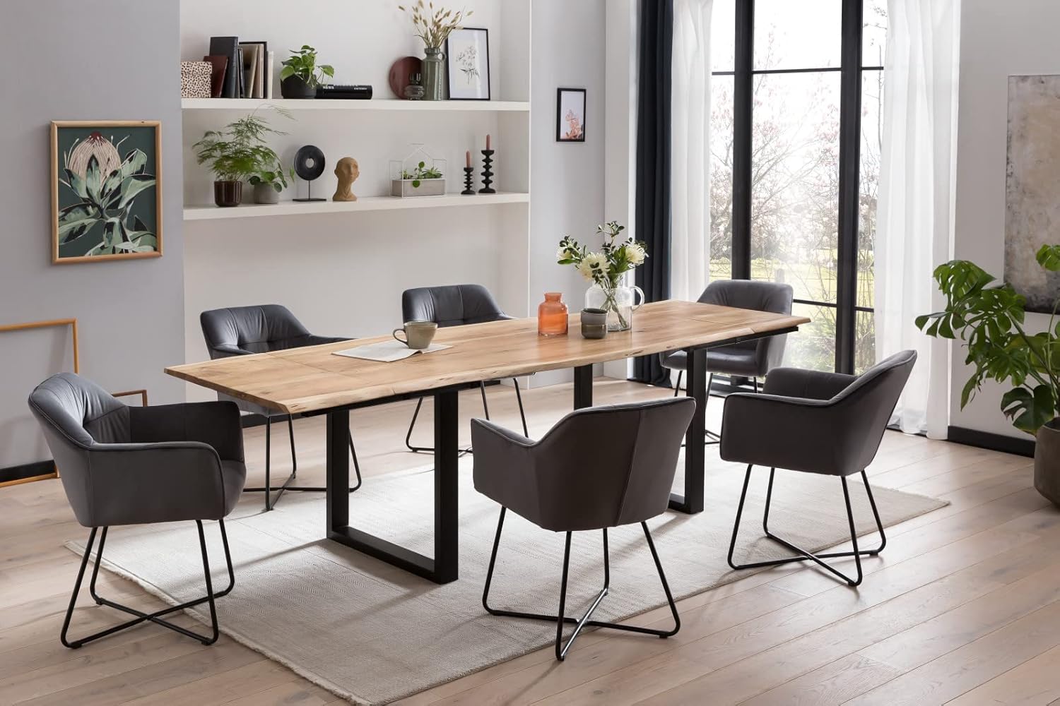SAM Baumkantentisch 180 (280) x 90 cm Adina, Akazienholz naturfarben & massiv, Esszimmertisch mit 2 Ansteckplatten, Mattschwarzes U-Metallgestell, Platte 26mm