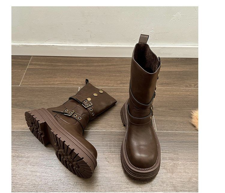 Vindler - Platform Plain Buckled Faux Leather Short Boots