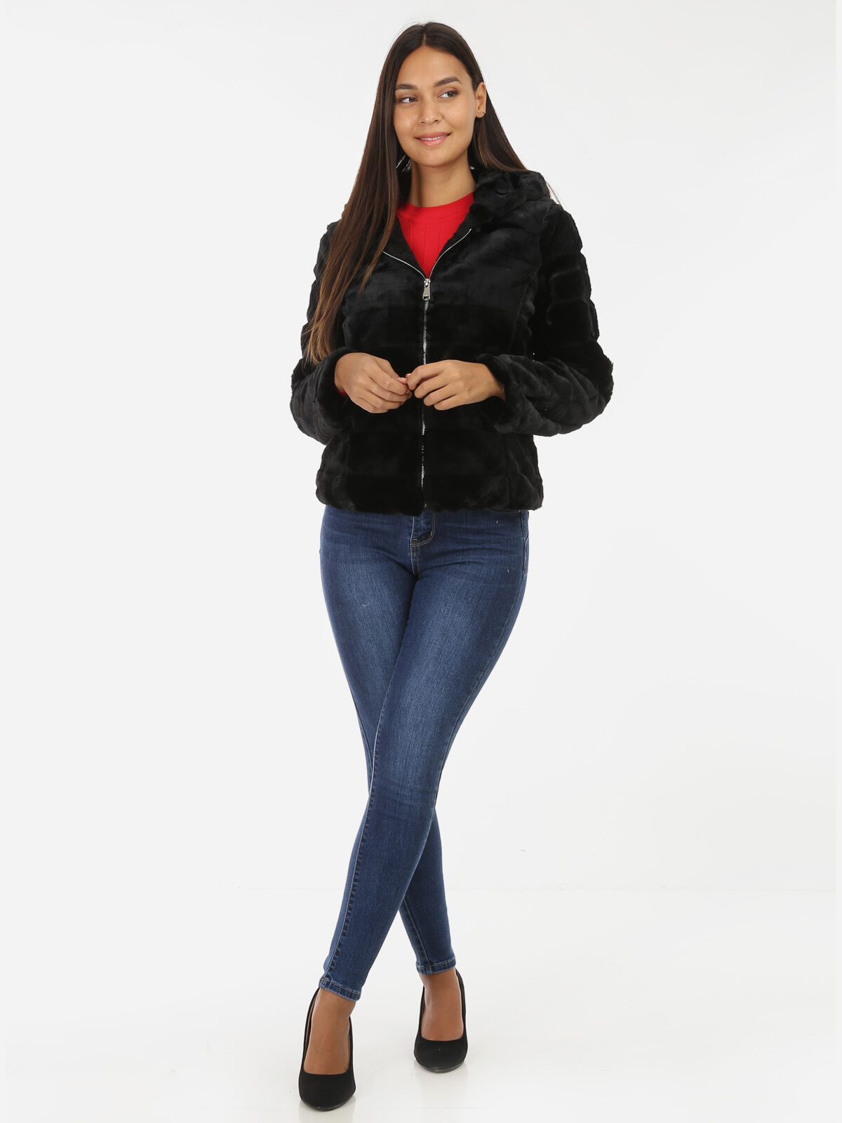 Manteau court fausse fourrure à capuche- Noir