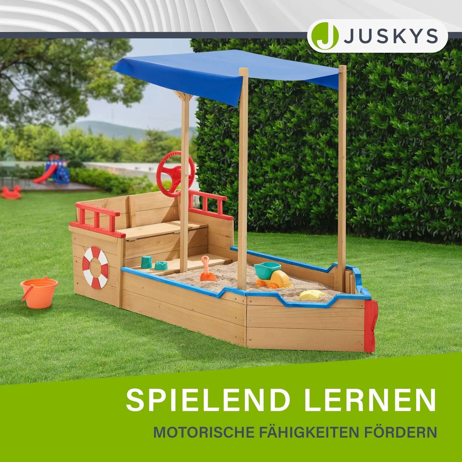 Juskys Sandkasten Käpt’n Pit mit Bodenplane & Dach - Holz Piratenschiff Boot - Sandkiste Sandbox