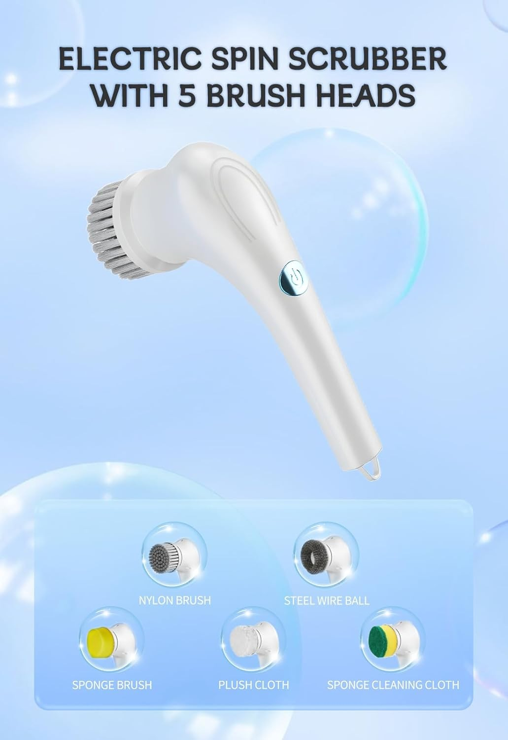 (6-tlg. Set) USB Reinigungs Bürste Elektrischer Spin Scrubber Power Schrubber mit 5 Aufsätzen - Weiss