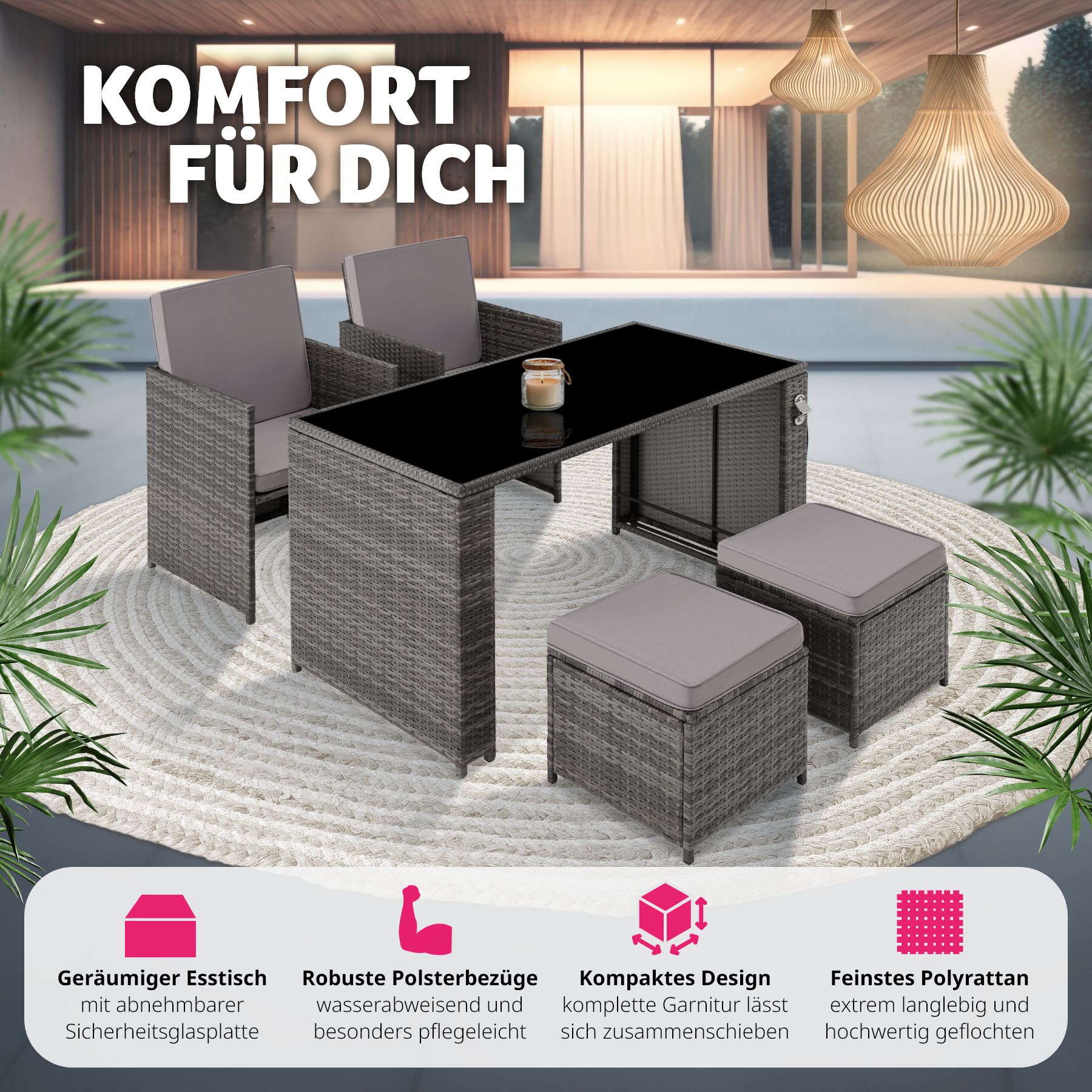 tectake® Rattan Sitzgruppe, für 2 bis 4 Personen, UV-beständig, inklusive Flaschenöffner, zusammenschiebbar