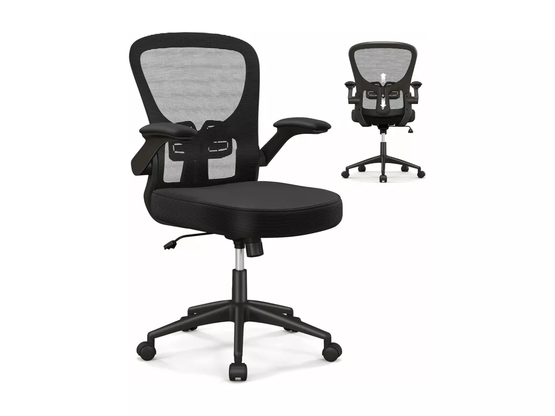 Chaise de Bureau Ergonomique, Chaise Pivotante avec Accoudoirs Escamotables, Soutien Lombaire Réglable et Dossier Basculant de 90° à 120°, pour Bureau, Chambre, Noir