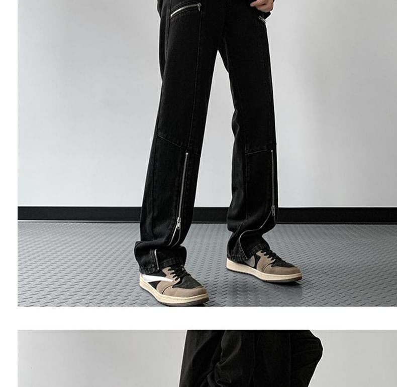 emeisa - Mid Rise Washed Panel Zip Slit Straight Leg Jeans