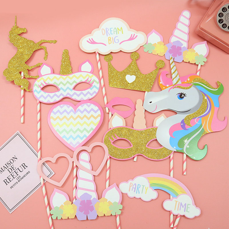 (12er Set) Photo Booth Fotorequisiten Party Foto Accessoires Dekorationen für lustige Bilder - Einhorn