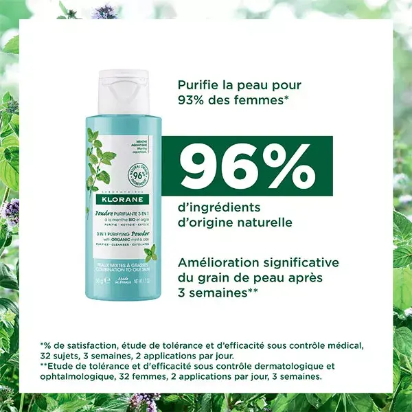 Pó purificador de água Klorane Organic 3 em 1 sabor menta, 50g