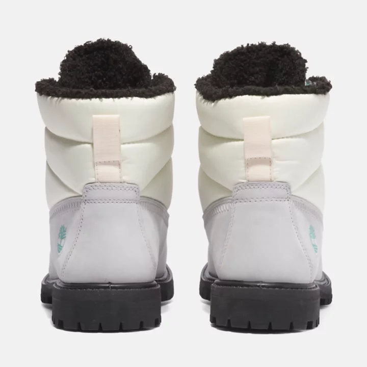 Bota Timberland Premium de 15 cm (6 polegadas) estilo puffer para mulheres, na cor cinza.
