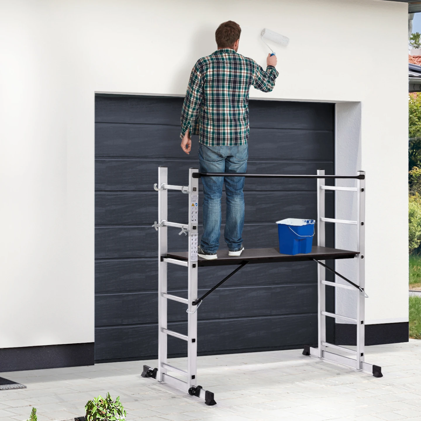 Échafaudage aluminium échelle multifonction avec plateforme modulable sur roues, hauteur 165 CM