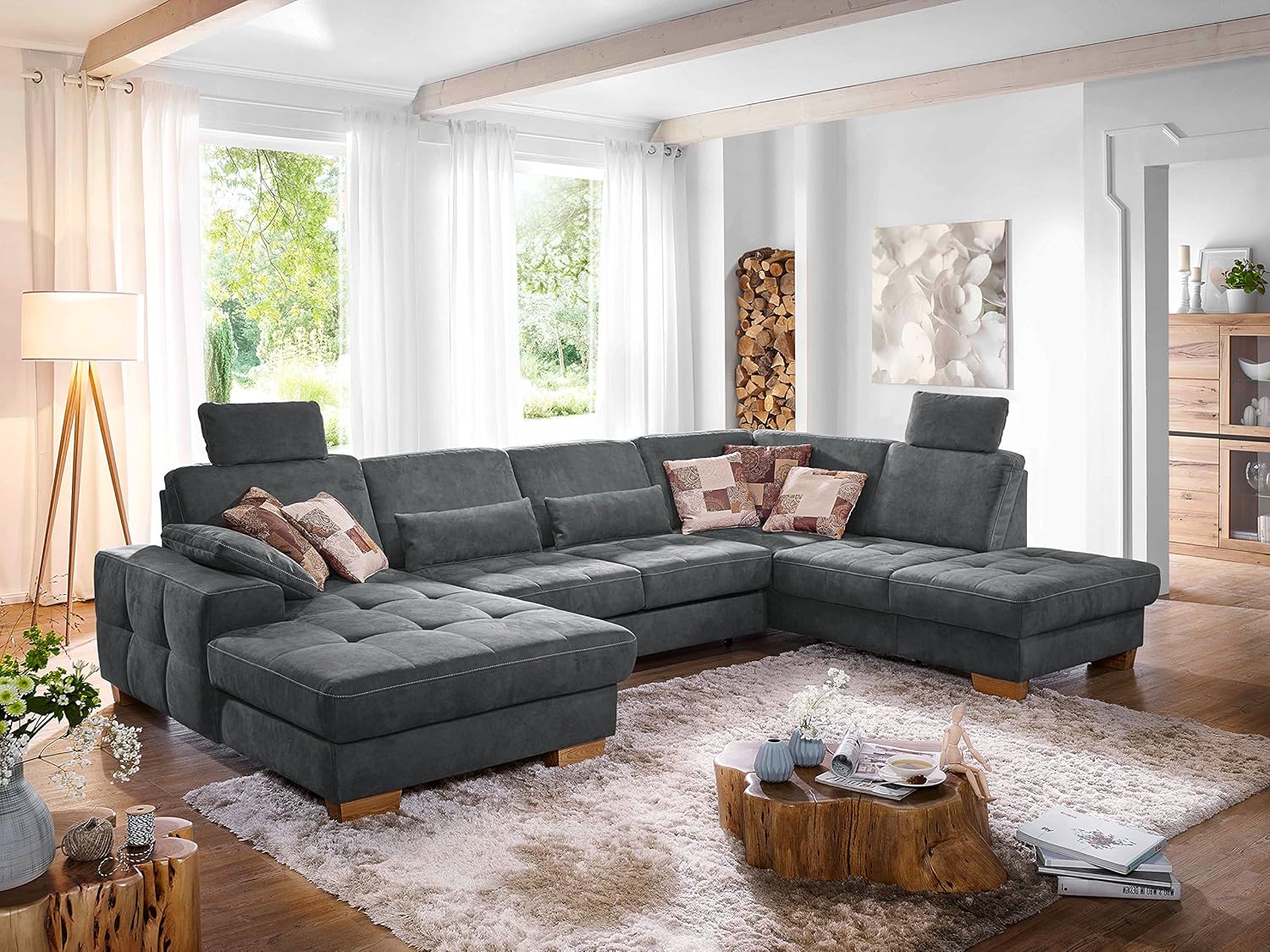 CAVADORE Wohnlandschaft Puccino mit Federkern, Bettfunktion, Sitztiefenverstellung und 2 Kopfstützen / Sofa in U-Form im Landhausstil / 340 x 86 x 224 cm / Mikrofaser grau