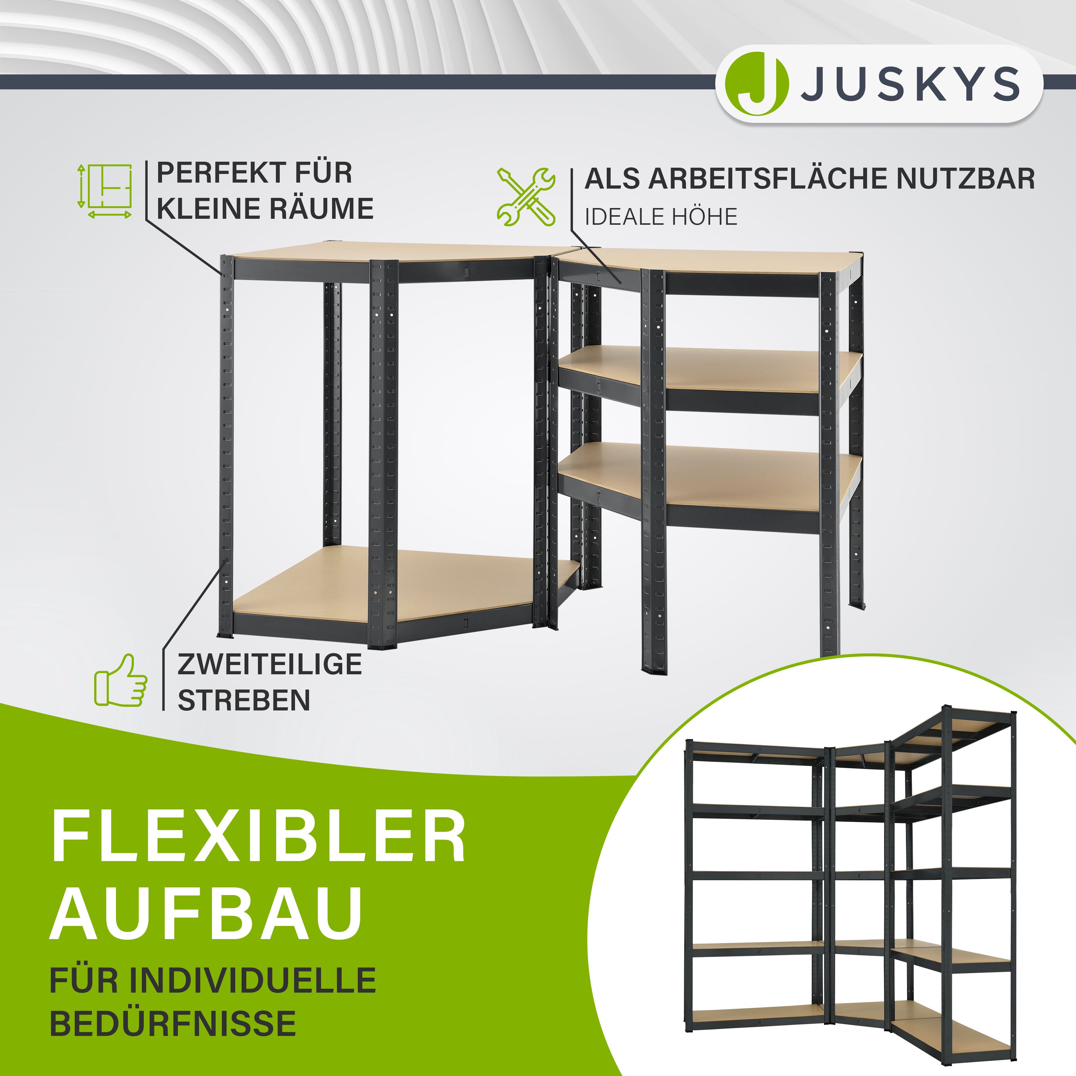 Juskys 3er Metall Regalsystem | 1 Eckregal & 2 Lagerregale | 15 Böden aus MDF Holz | 2625 kg Grau
