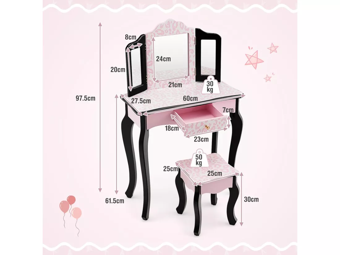 2 en 1 Coiffeuse Enfants Fille avec Miroir Amovible à 3 Volets & Tabouret, Table de Maquillage avec Tiroir & Dispositif Anti-Basculement, Charge 50kg pour Enfants de 3-7 Ans (Imprimé léopard)