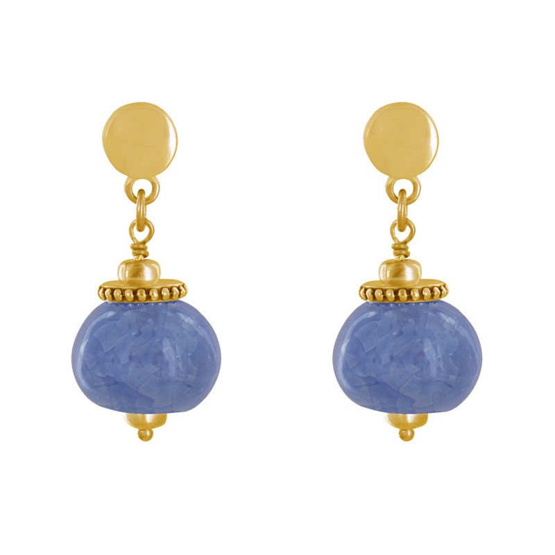 Boucles d'Oreilles Clous Métal Doré et Grosses Perles en Céramique
