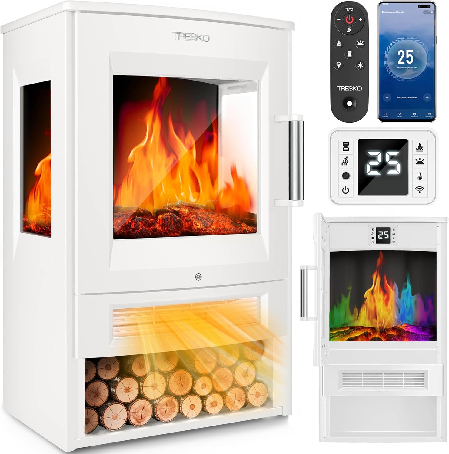 TRESKO® Elektrokamin mit Heizung inkl. Fernbedienung & WiFi App | Kamin elektrisch 1800W LED-Flammeneffekt Farbmodi | Kaminfeuer Thermostat, Timer | Elektro Kaminofen Standkamin 2 Heizstufen (Weiß)