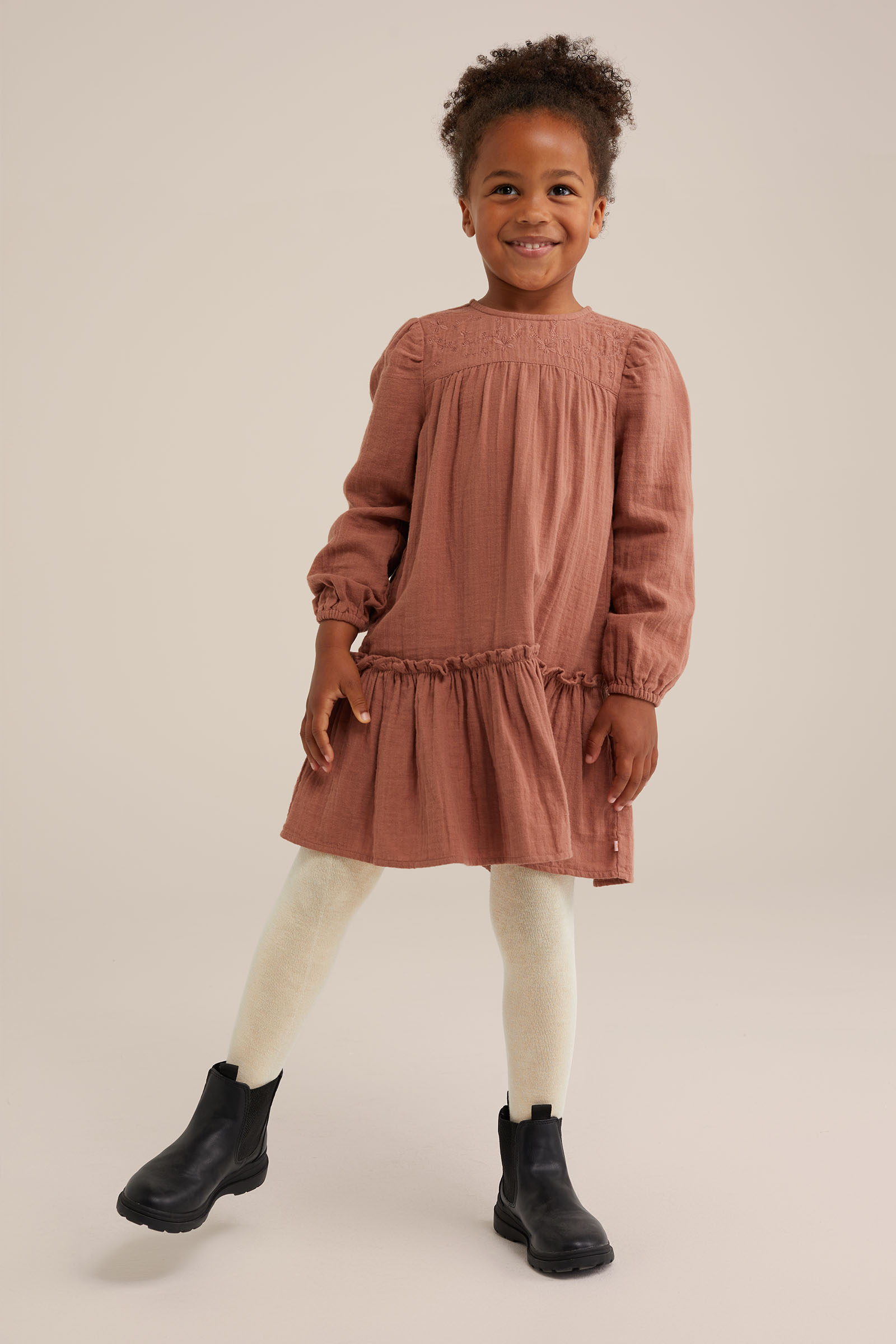 Meisjes jurk met embroidery WE Fashion Bruin