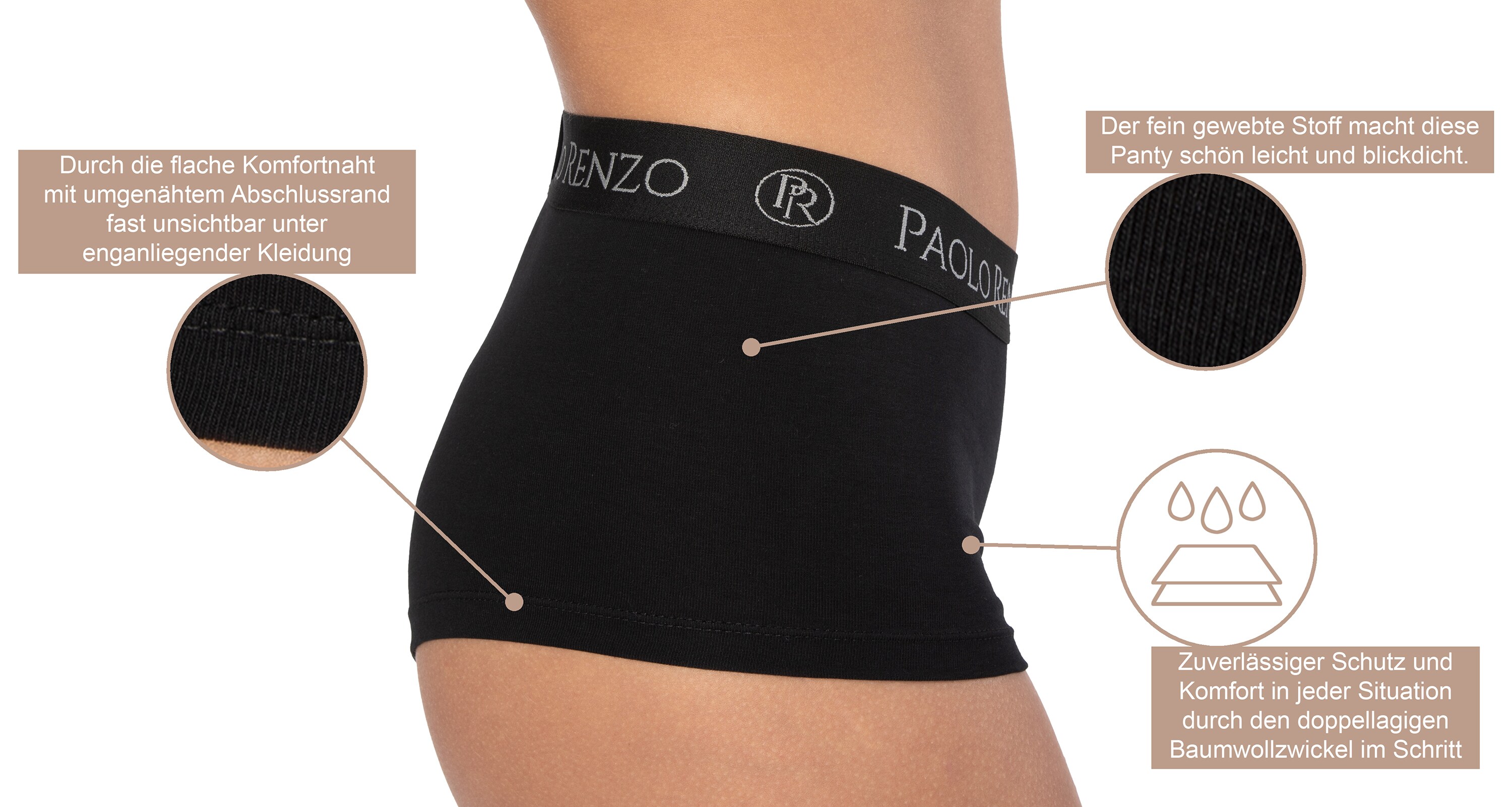 Paolo Renzo® Damen Baumwoll Panty SPORT LINE 3 Paar - Größe M - Schwarz