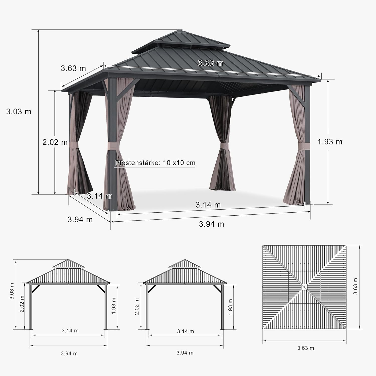 PURPLE LEAF Alu Pavillon 3.65 x 3.65 m Festem Dach, Basisch Gartenpavillon Wasserdicht Stabil Winterfest Stahldach Hardtop Pavillon mit Seitenteilen für Carport, Grau