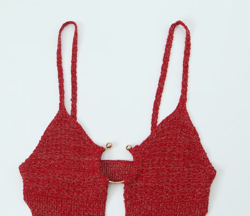 Sensarra - Spaghettibandjes Melange Cutout Knit Midi Schede Jurk
