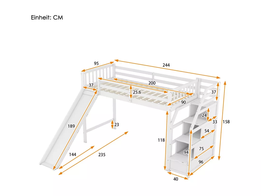 Lit mezzanine 90 x 200 cm avec toboggan et escalier de rangement - Pin et MDF - EN747 certifié - Blanc