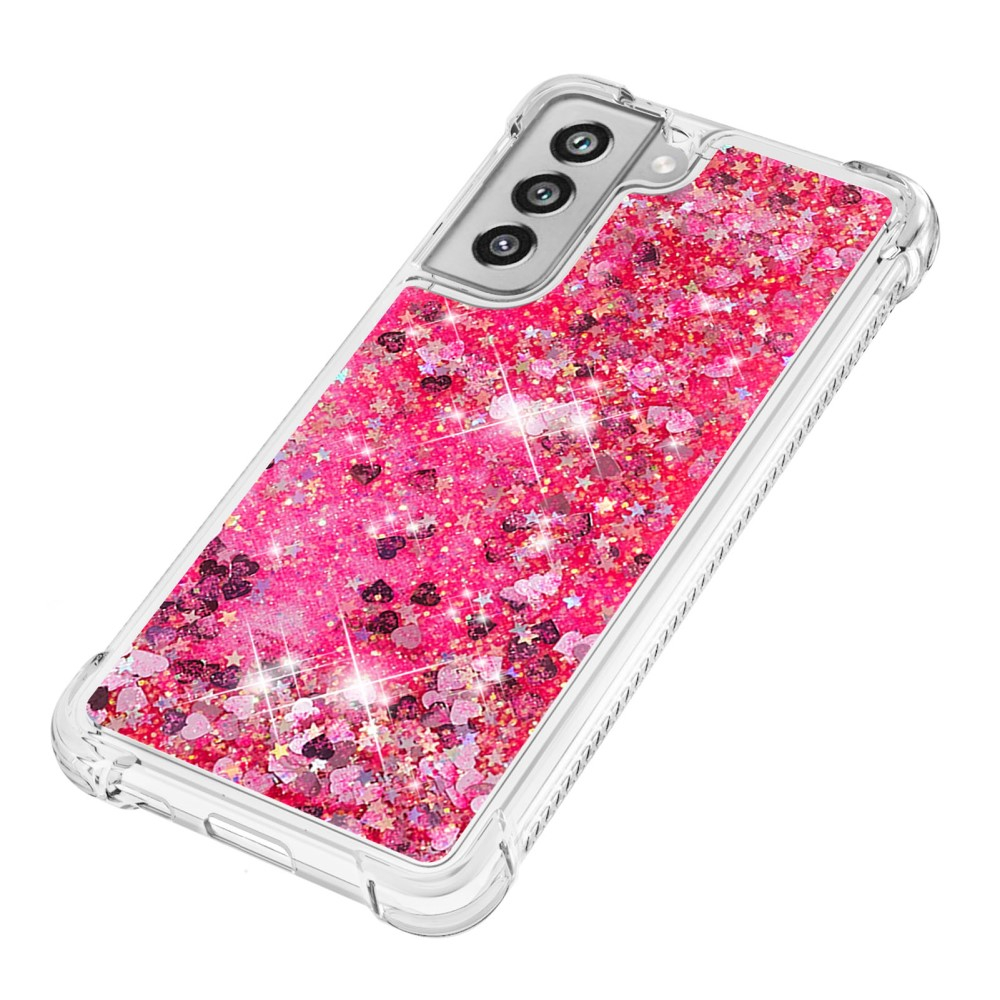 Samsung Galaxy S21 FE 5G Hardcase Hülle mit Air Cushion Fallschutz Liquid Case Glitzer Herzen - Pink / Transparent