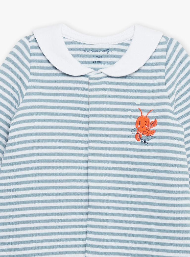 Grenouillère et bonnet bleu à imprimé à rayures