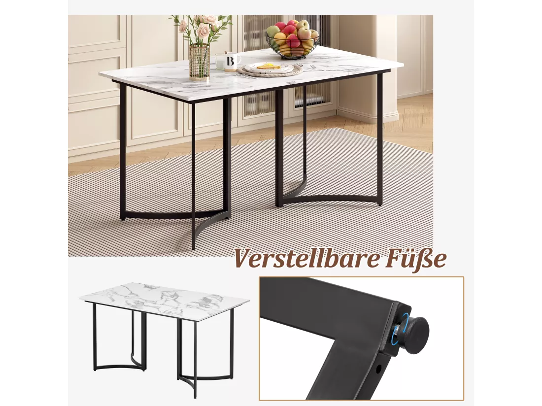 Table à manger rectangulaire 4 à 6 couverts - 140 x 80 x 75.5 cm - MDF et pièds en métal - Effet marbre - Blanc