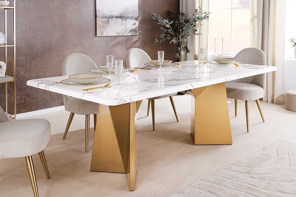 Design Esstisch EXTRAVAGANCIA 200cm weiß Marmor Metall brushed champagner gold