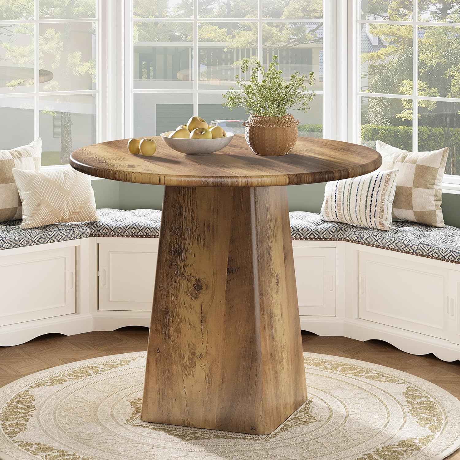 Tribesigns 80 cm runder Esstisch für 2–4 Personen, Kleiner Küchentisch im Landhausstil mit quadratischem Untergestell für Esszimmer und Wohnzimmer, rustikales Braun