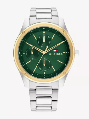 Relógio com mostrador verde e pulseira de aço inoxidável