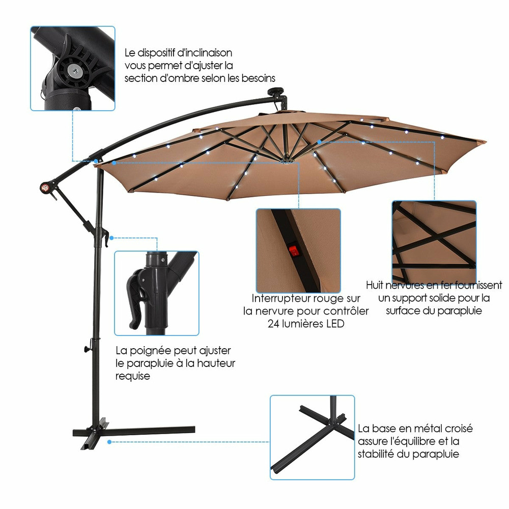 Parasol 3 m déporté excentré avec 24 led lampe solaire fait en polyester imperméable hauteur 245cm 8 baleines en fer marron 2