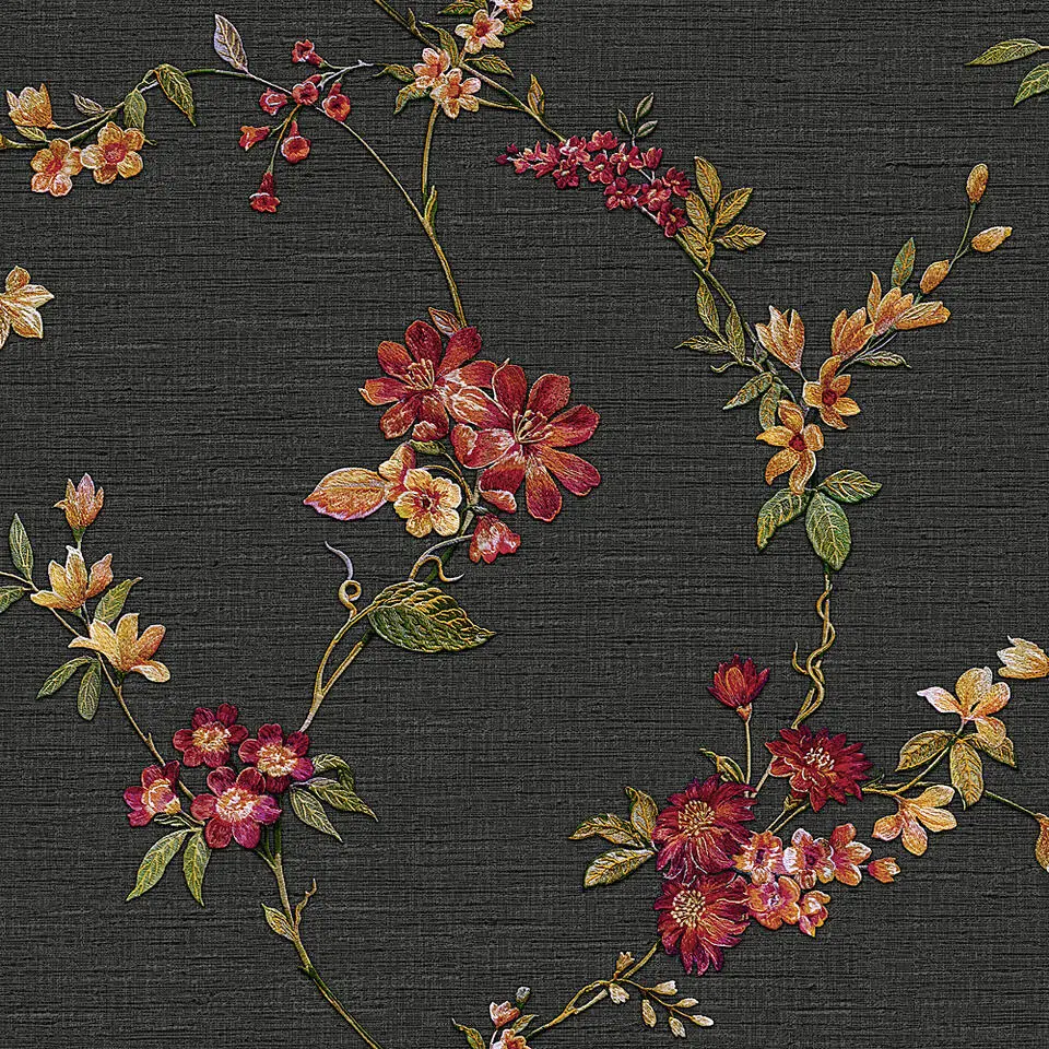 Dutch Wallcoverings Vliesbehang Fabric Touch flower - zwart - 10,05m x 53cm