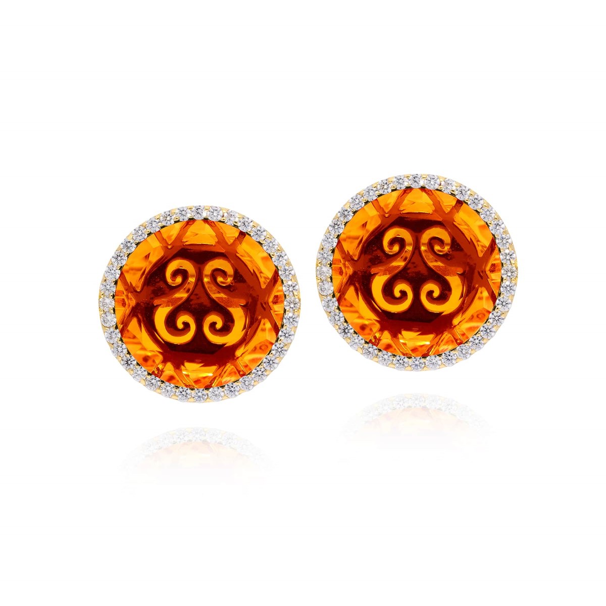 Boucles D'oreilles Disque Argent Doré Pierre Orange