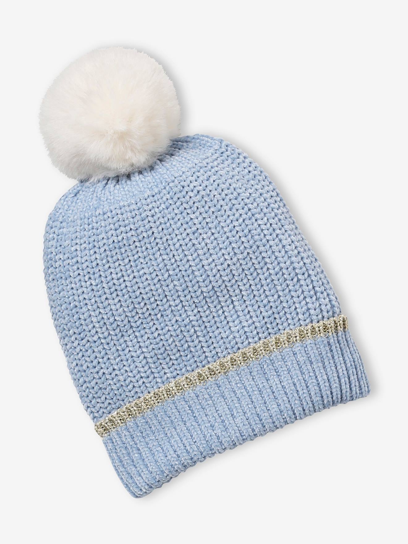 Conjunto de gorro, cachecol e luvas de chenille, azul claro mesclado para menina.