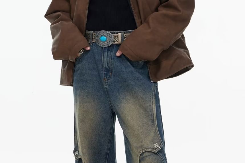 Nataro - High Waist Metal Accent Wide Leg Jeans