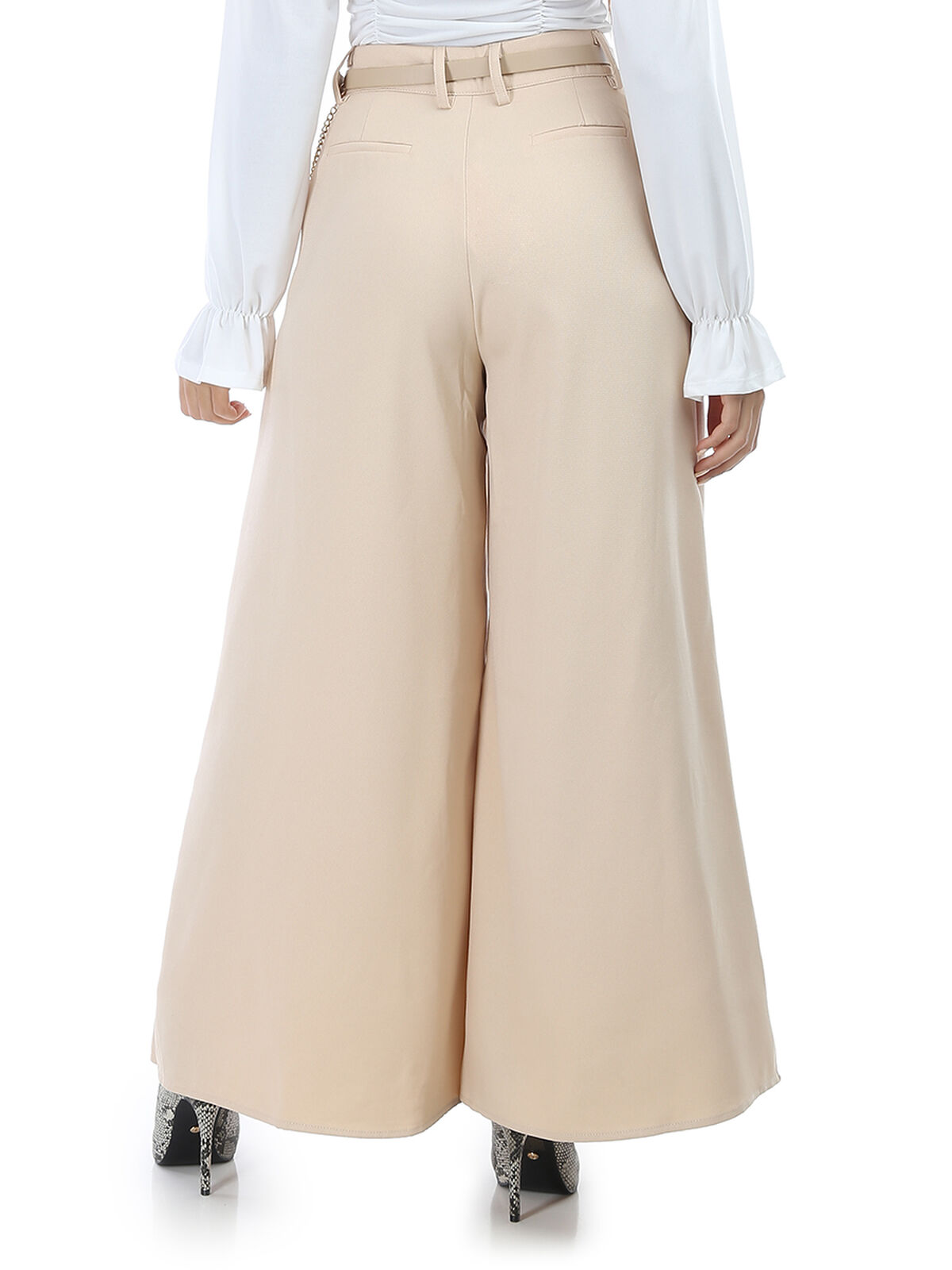 Maxi pantalon à fente et ceinture- Beige